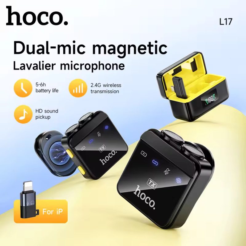 Hoco L17 Dual-Mic Magnetic Lavalier Wireless Digital Microphone (iP/Type-C) at the best price in Bangladesh at Rajshahi Gadget Hub